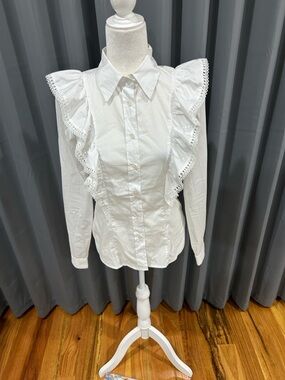 Anna Maria Paletti (made in Italy) White Ruffle Lace-Trim Button-Up Blouse